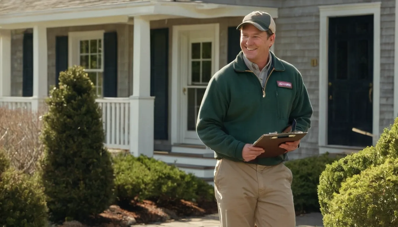 Homeowner in Cranston talking with a pest control provider at the front door of a Cape Cod style house